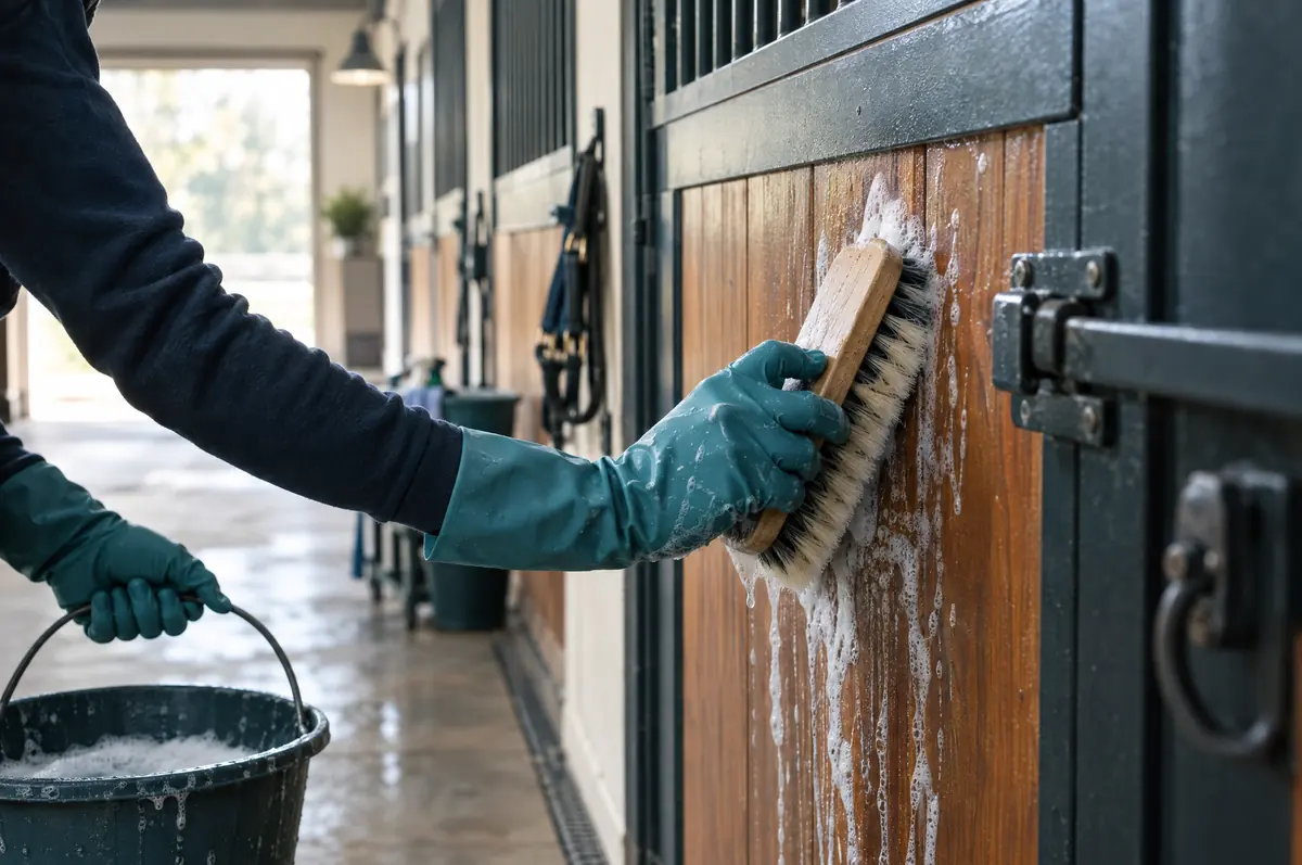 Gloved hands scrubbing a wooden stall door with a brush and soapy water