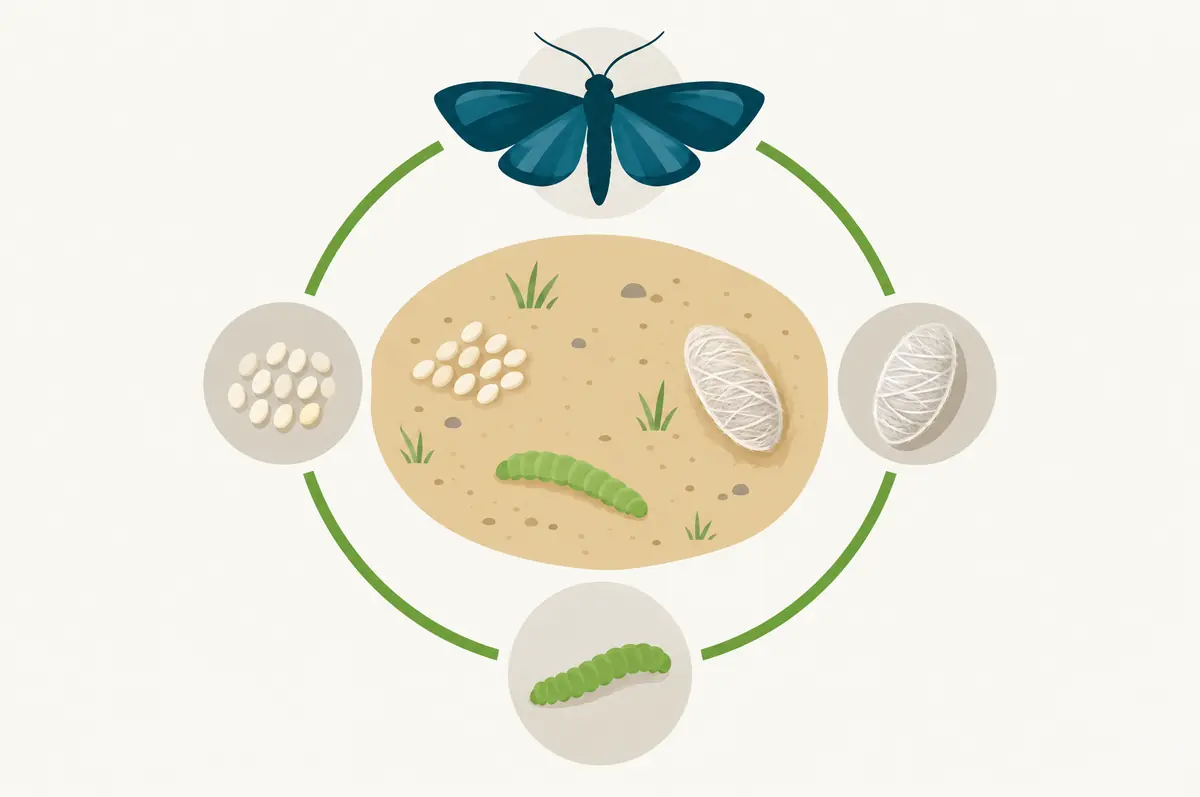 Life cycle circle of egg, larva, pupa and adult with a large zone showing most stages in the environment