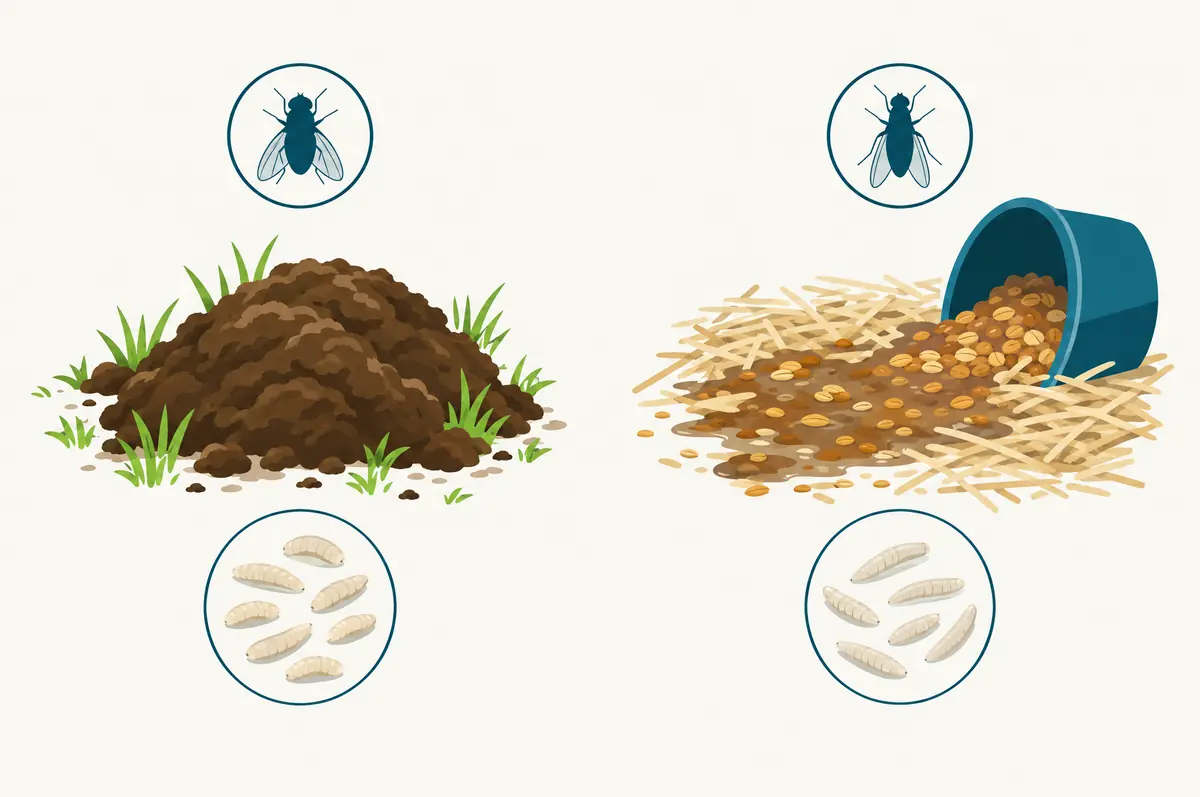 Two habitat panels of fresh manure and wet spilled feed with simple oval shapes for larvae