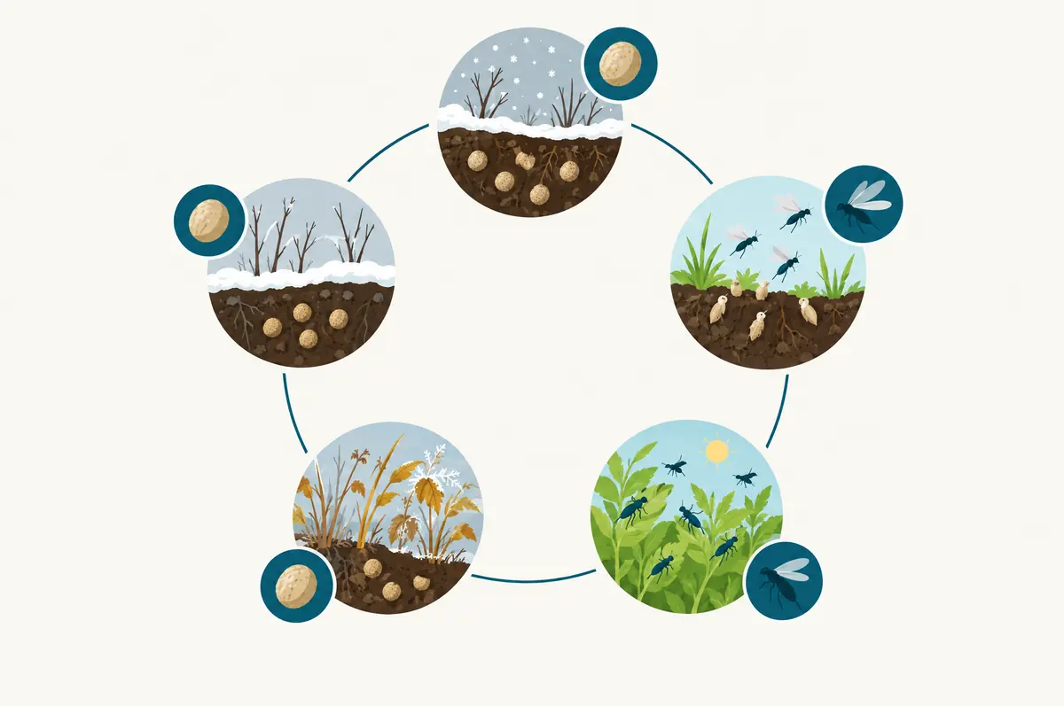 Annual circle of cocoons in winter, hatching in spring, maturing in summer and ending at frost