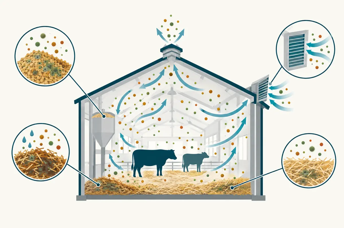 Barn outline with spore source circles for litter, feed, bedding and air, with airflow arrows