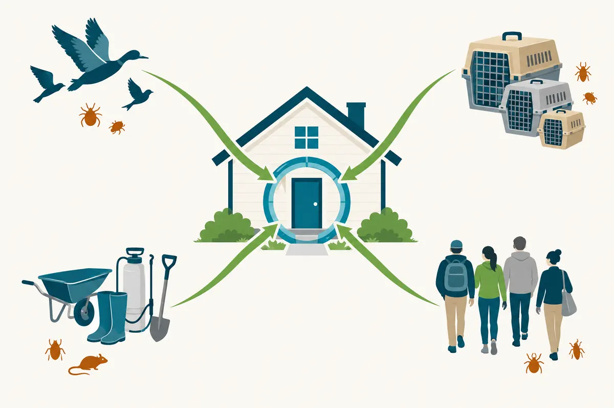Diagram of a house with arrows from wild birds, crates, equipment and people crossing a biosecurity ring