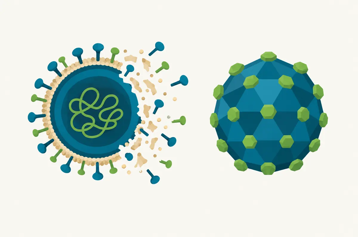 Enveloped virus breaking apart beside a non-enveloped virus with a thick shell staying intact