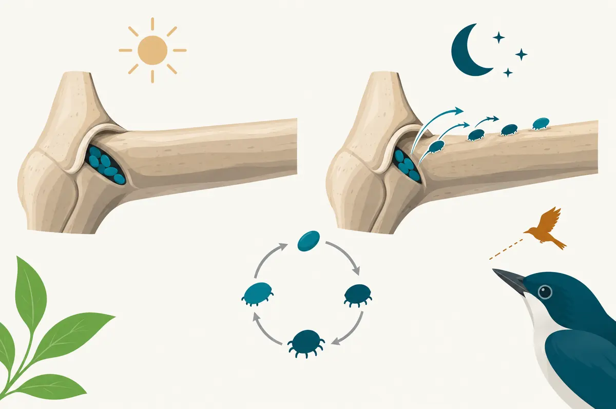 Day and night perch diagram showing simple shapes sheltering in a joint by day and moving out at night