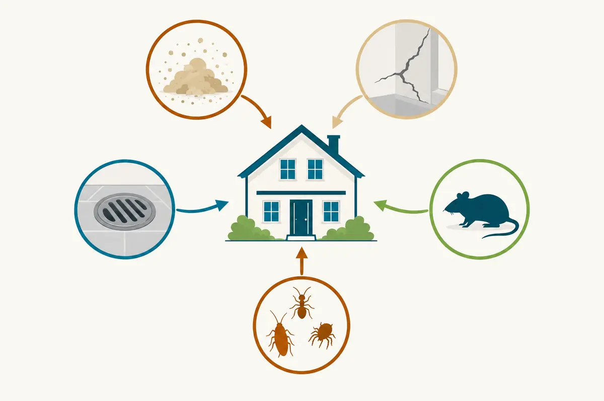 House outline with reservoir circles for dust, cracks, drains, rodents and insects pointing inward