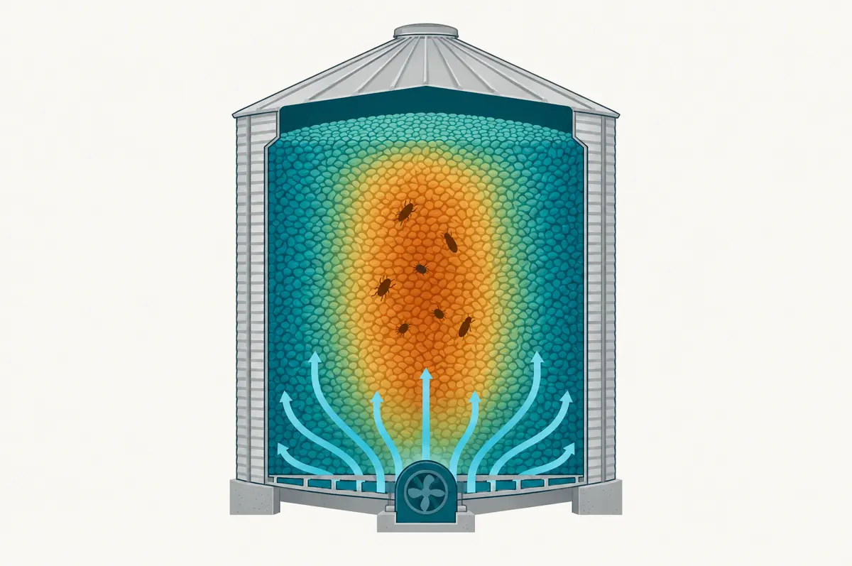 Grain bin cross-section with an aeration fan and an amber hot spot in the center