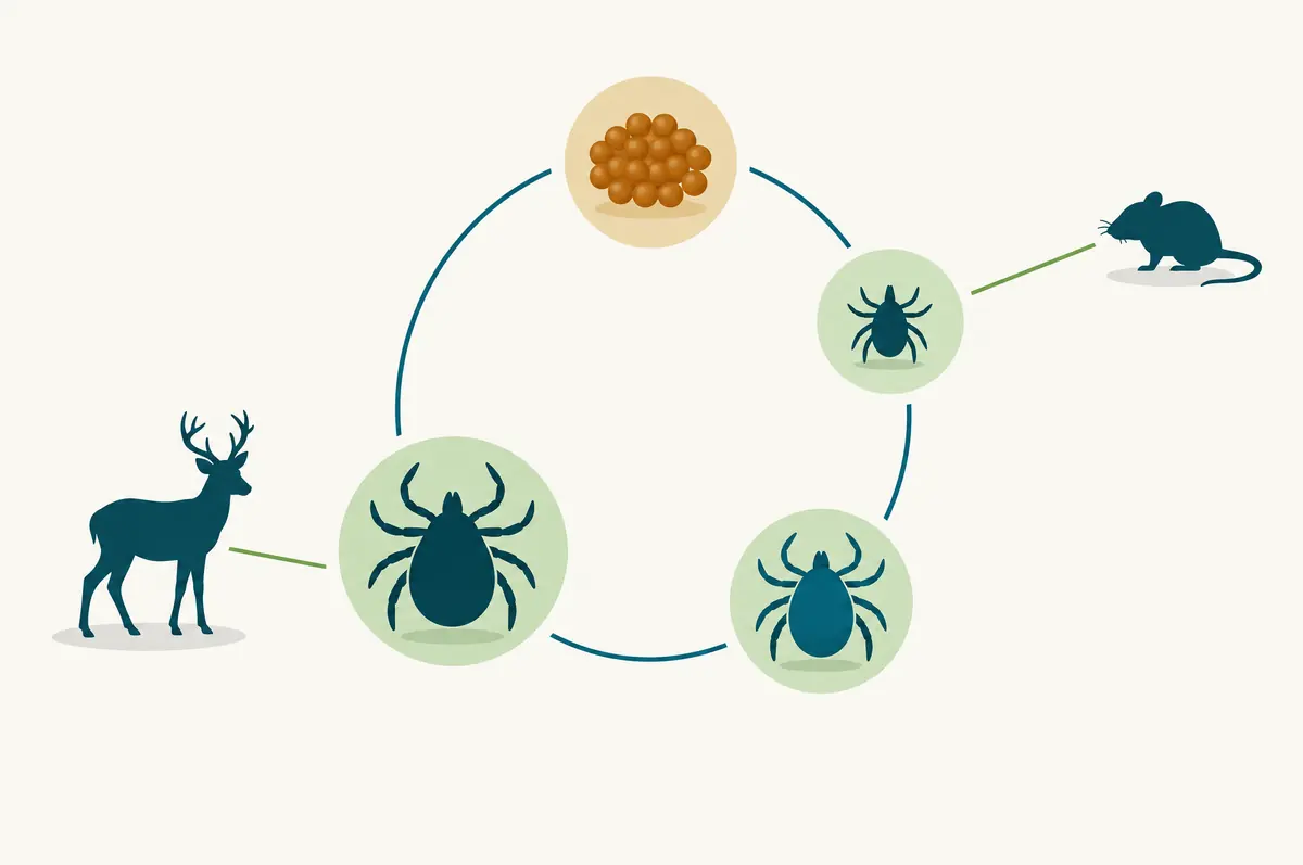 Circular life cycle diagram of egg, larva, nymph and adult as simple shapes linked to host silhouettes