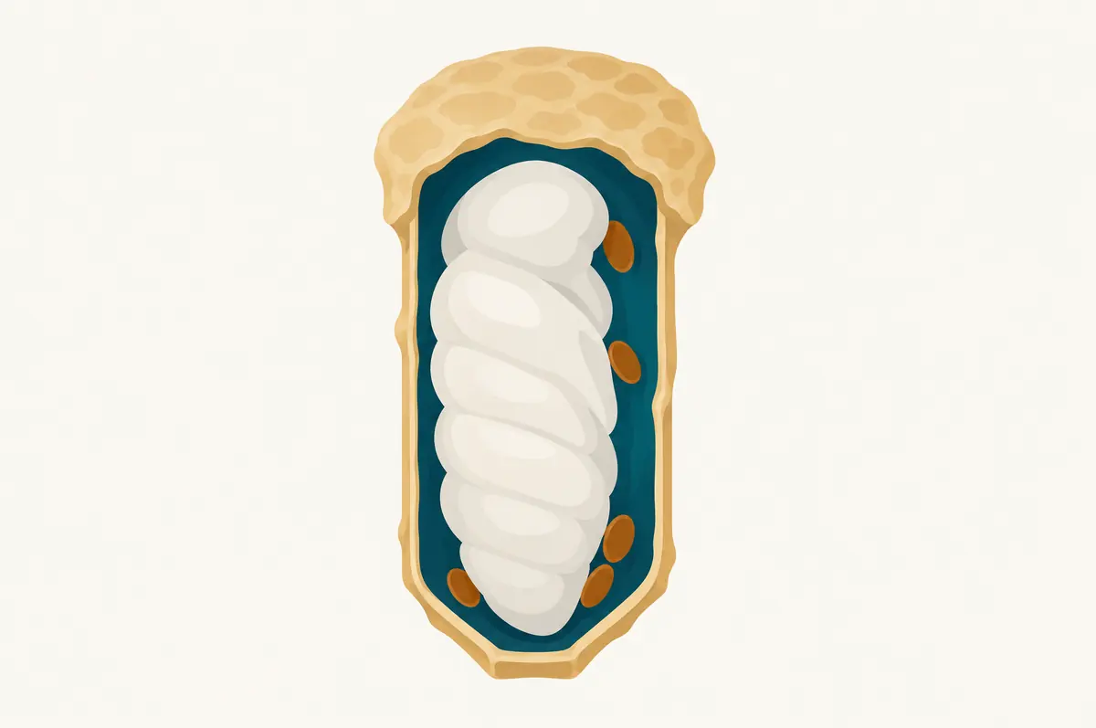 Cross-section of a capped brood cell with a smooth developing bee form and small oval shapes