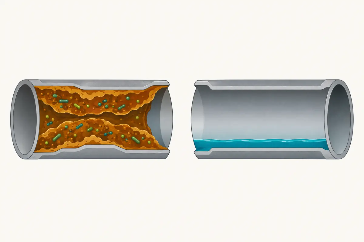 Pipe cross-sections comparing an amber biofilm lining with a clean pipe carrying a steady residual