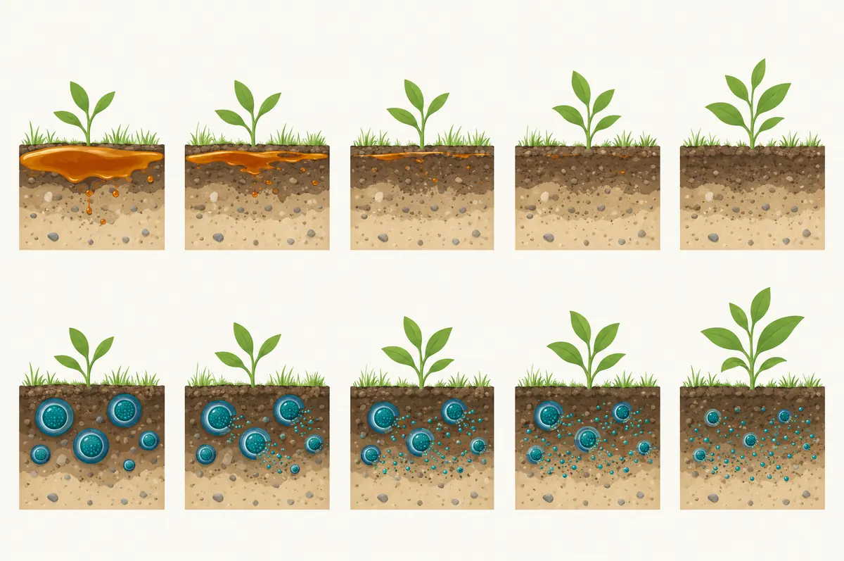Two ground strips over time: free oil fading quickly beside capsules that keep releasing through the season