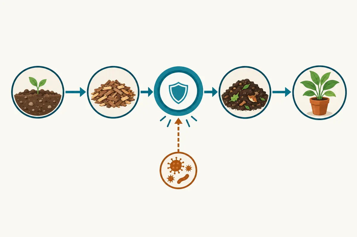 Diagram of soil, mulch, compost and potted plants moving between sites, interrupted by a containment ring