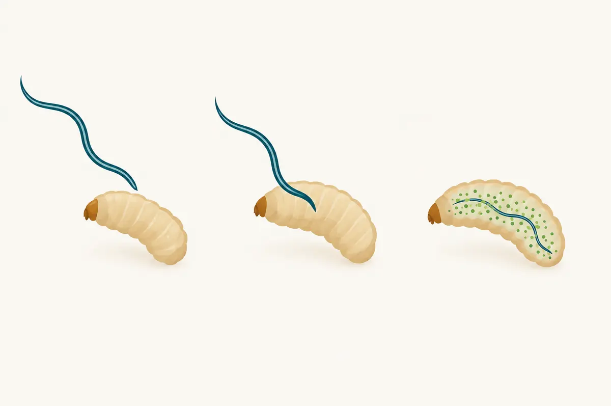 Stylized three-step diagram of a nematode entering a simple larva shape and releasing bacteria