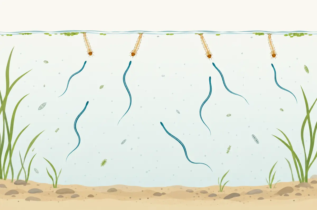 Water column cross-section with simple larva shapes at the surface and stylized nematodes moving toward them