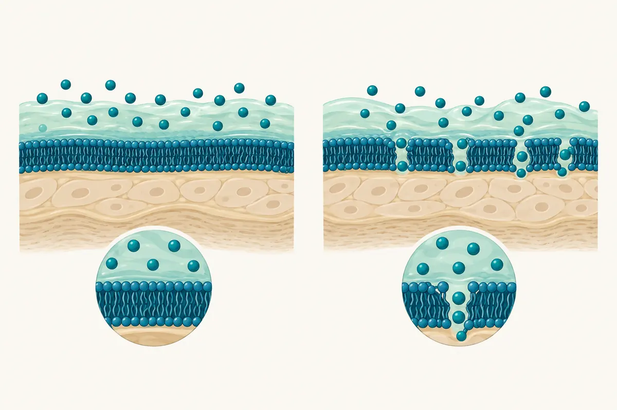 Cross-section of mollusk skin with saponin molecules drawn as spheres disrupting the outer membrane