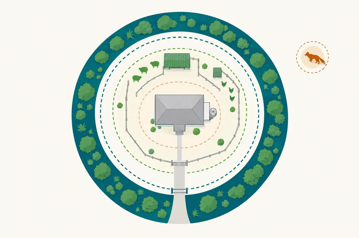 Top-down diagram of a building with concentric zone rings, plant zone solid and premise zones dashed