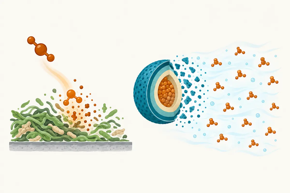 Diagram of unprotected oxidizer lost to organic matter beside an encapsulated particle dissolving into solution