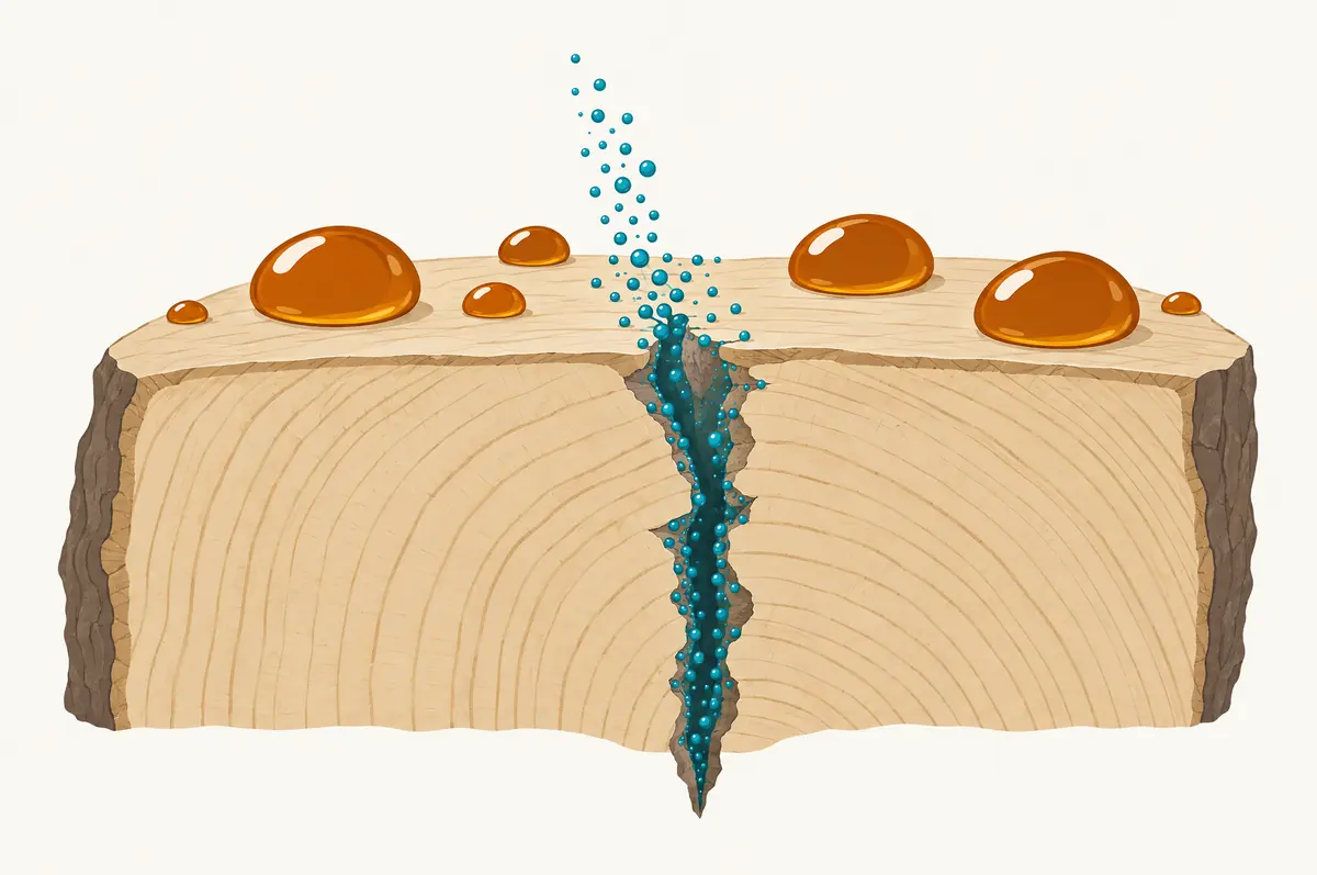 Cross-section of a perch where fine emulsion droplets enter a crack and coarse oil droplets stay on the surface