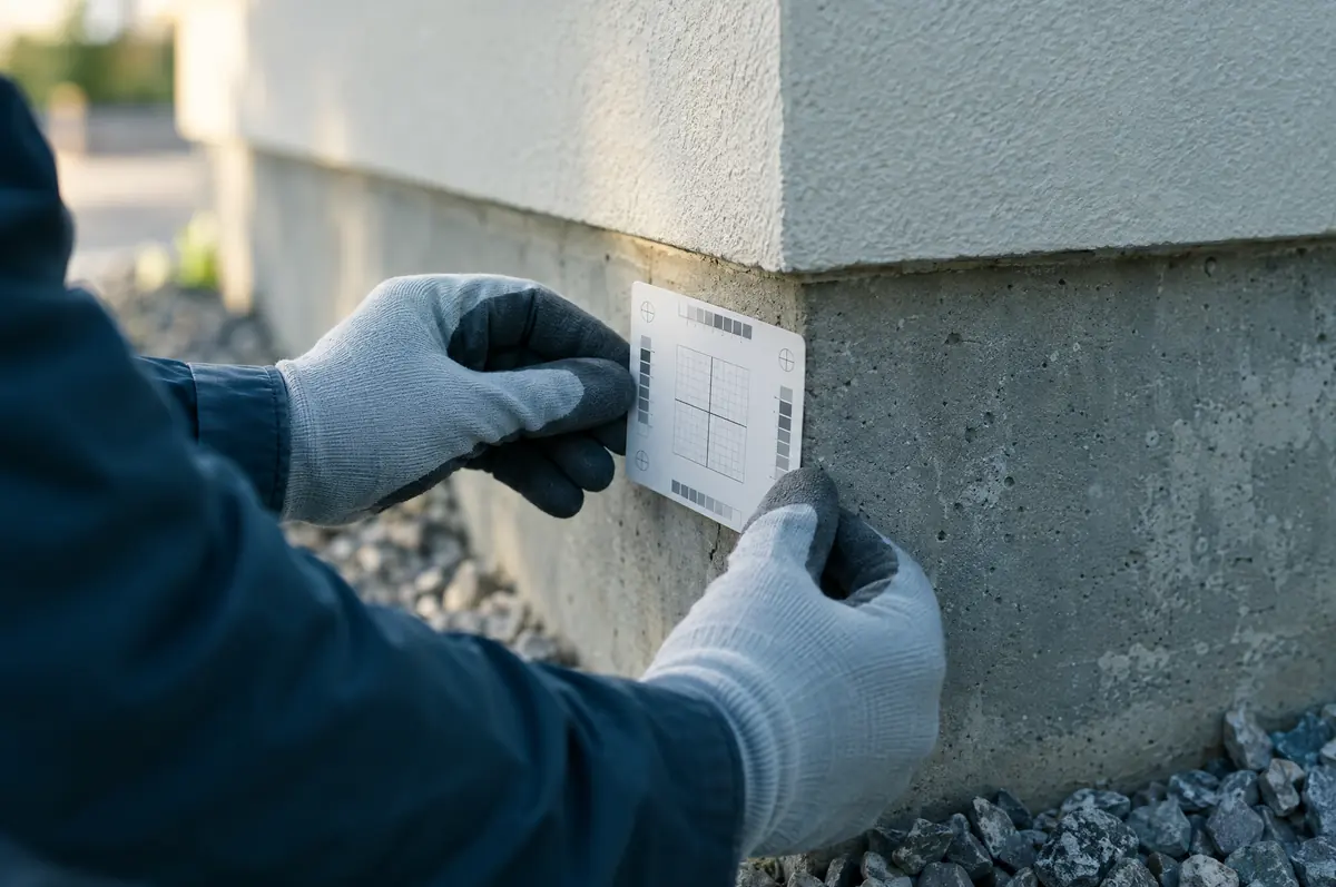 Gloved hands placing a monitoring card at a house foundation corner