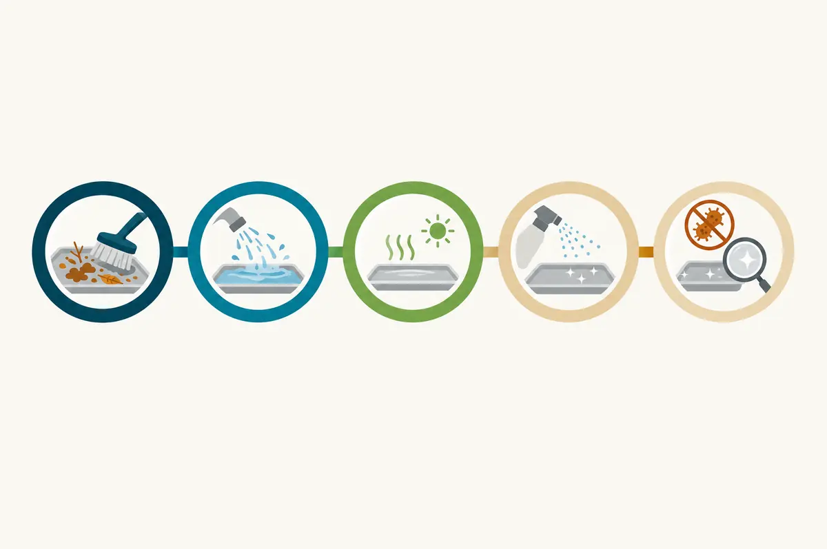 Flow diagram of linked circles showing the order of removal, washing, drying, disinfection and checks