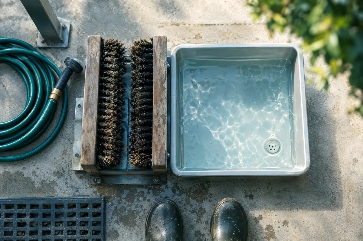 Top-down view of a boot brush, hose and shallow footbath on a concrete apron