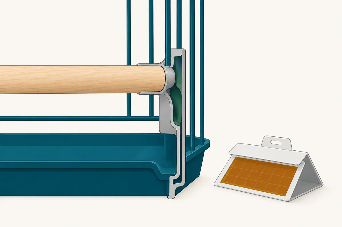 Cross-section of a perch joint showing a hidden crevice refuge and a monitoring trap placed nearby