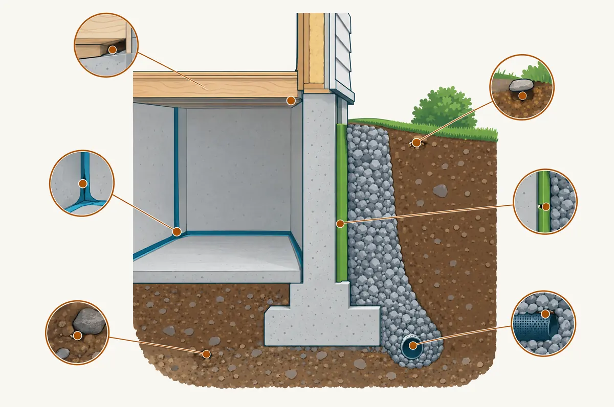 Foundation cross-section with sealed gaps, a gravel strip, a treated band and harborage points