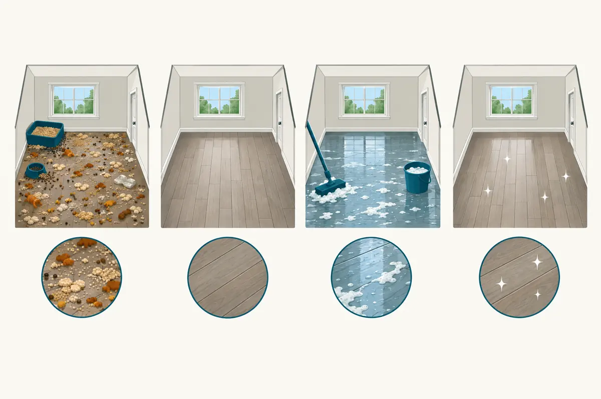 Four panels of a house floor going from litter-covered to washed, dried and disinfected