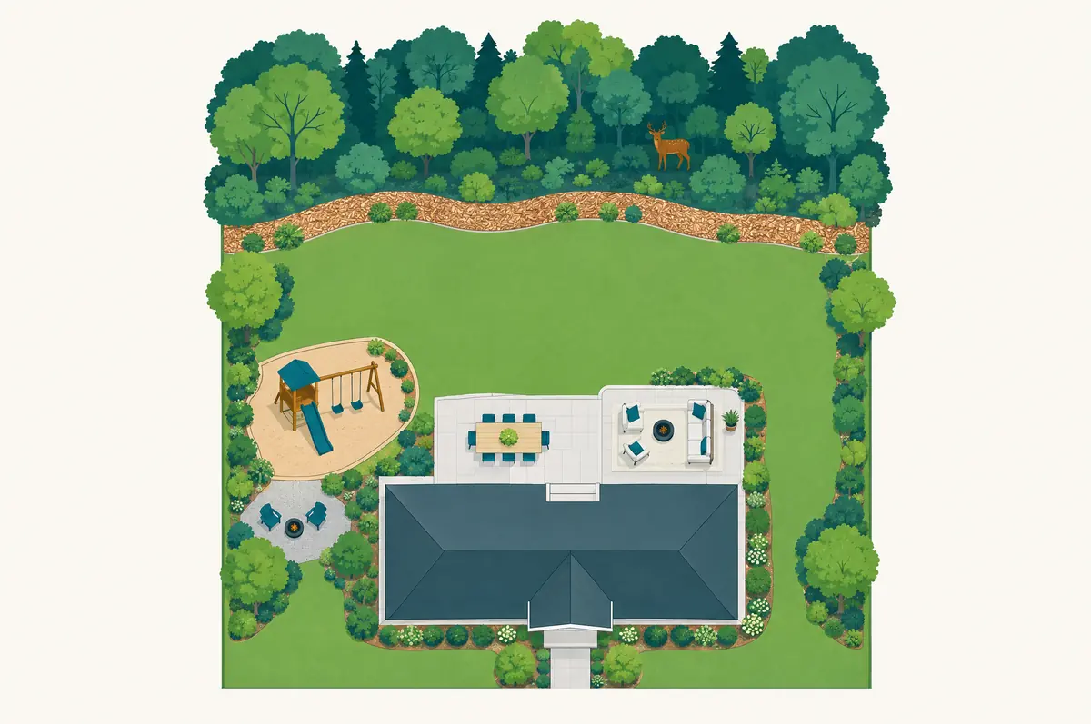 Top-down yard diagram with a wood chip band between lawn and woods and activity areas near the house