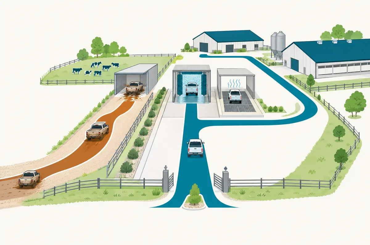 Diagram of farm entrance with separate clean and dirty traffic routes, a wash bay and a drying area
