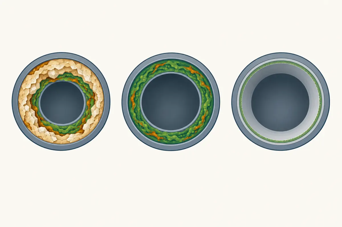 Pipe cross-sections showing scale over biofilm, scale removed, and a clean pipe