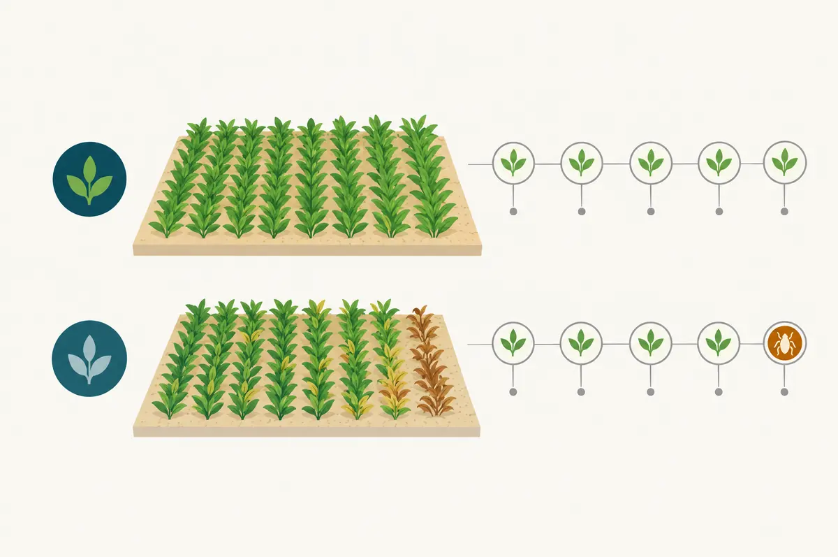 Treated and untreated plots side by side with monitoring circles over time