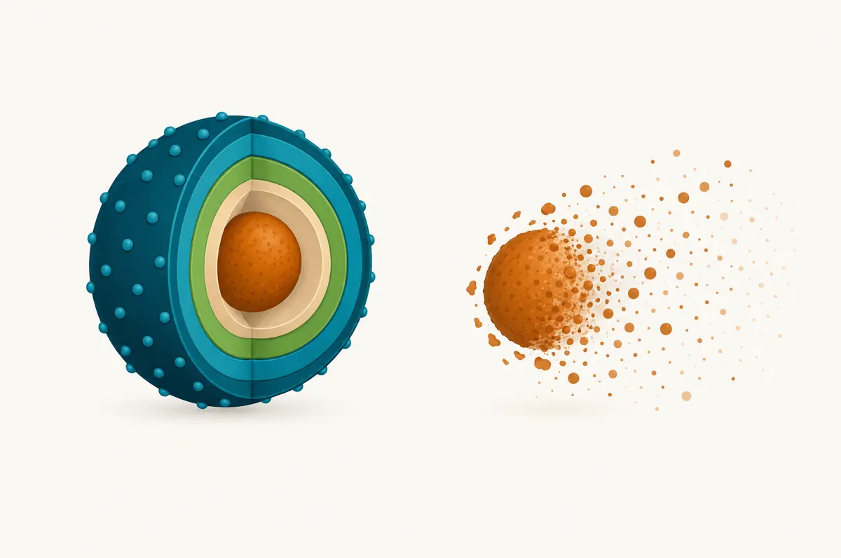 Cross-section diagram of an active core inside concentric shells next to an unprotected active that disperses