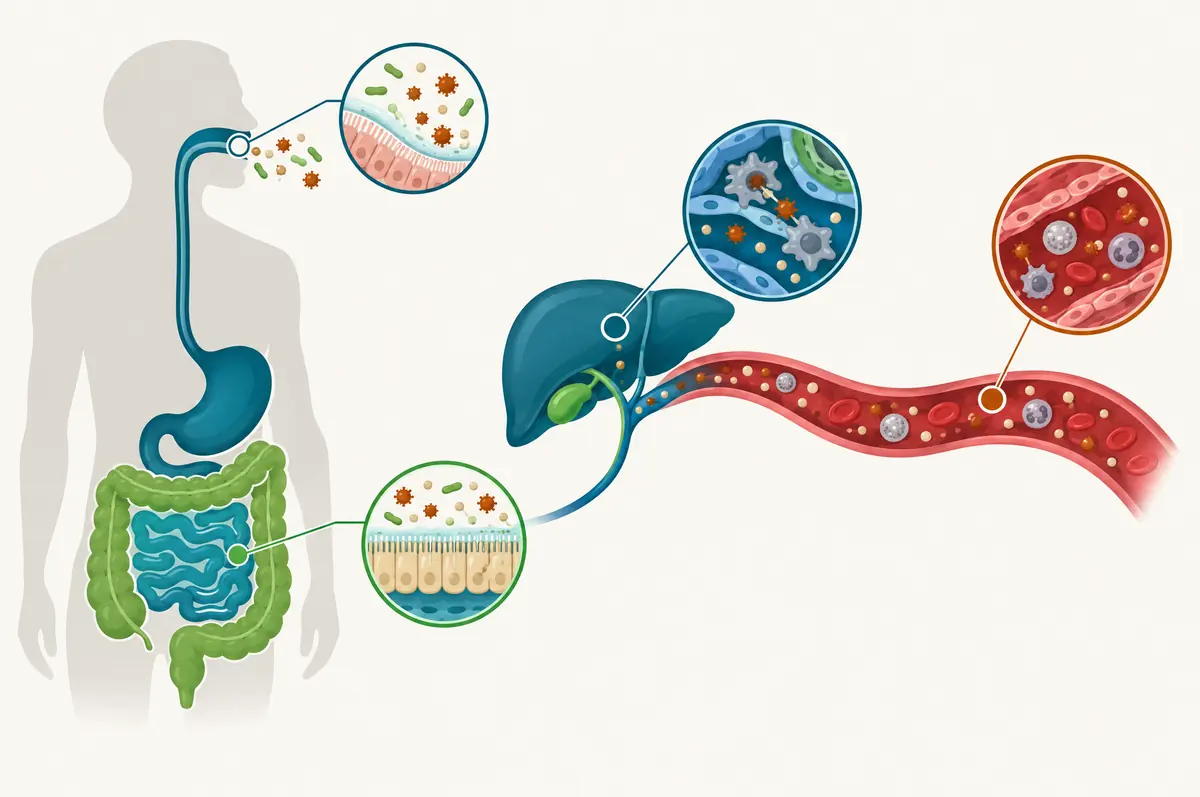 Body-path diagram from mouth to bloodstream with circles marking where delivery barriers act