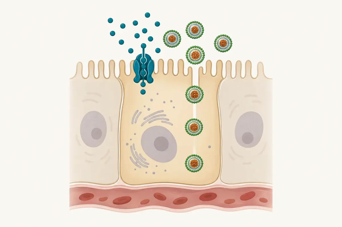 Intestinal cell diagram with a pump returning actives to the gut and encapsulated particles bypassing it
