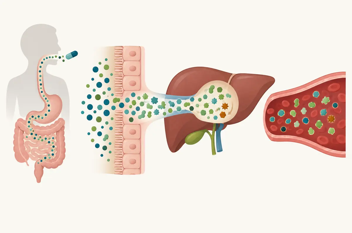 Flow diagram of dose circles changing into metabolite shapes in the gut wall and liver before reaching blood