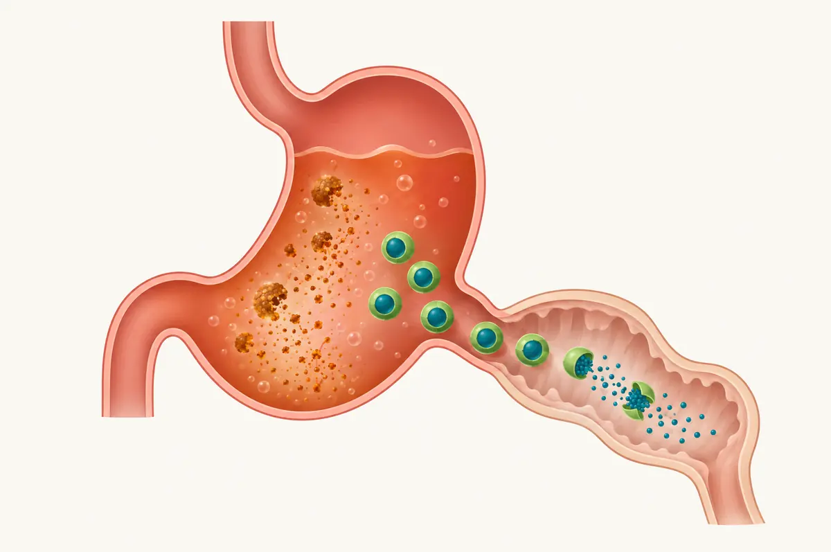 Stomach diagram with uncoated particles dissolving and coated particles passing to the intestine before opening
