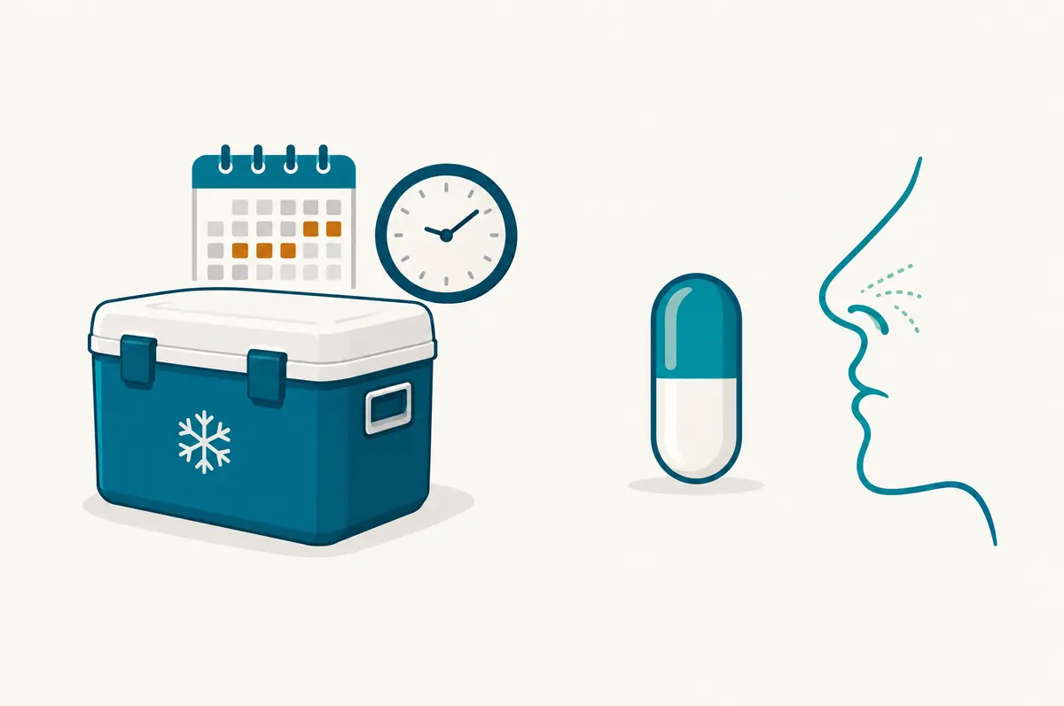 Icons comparing cold chain, clock and disposal bin with capsule and nasal outlines for needle-free routes