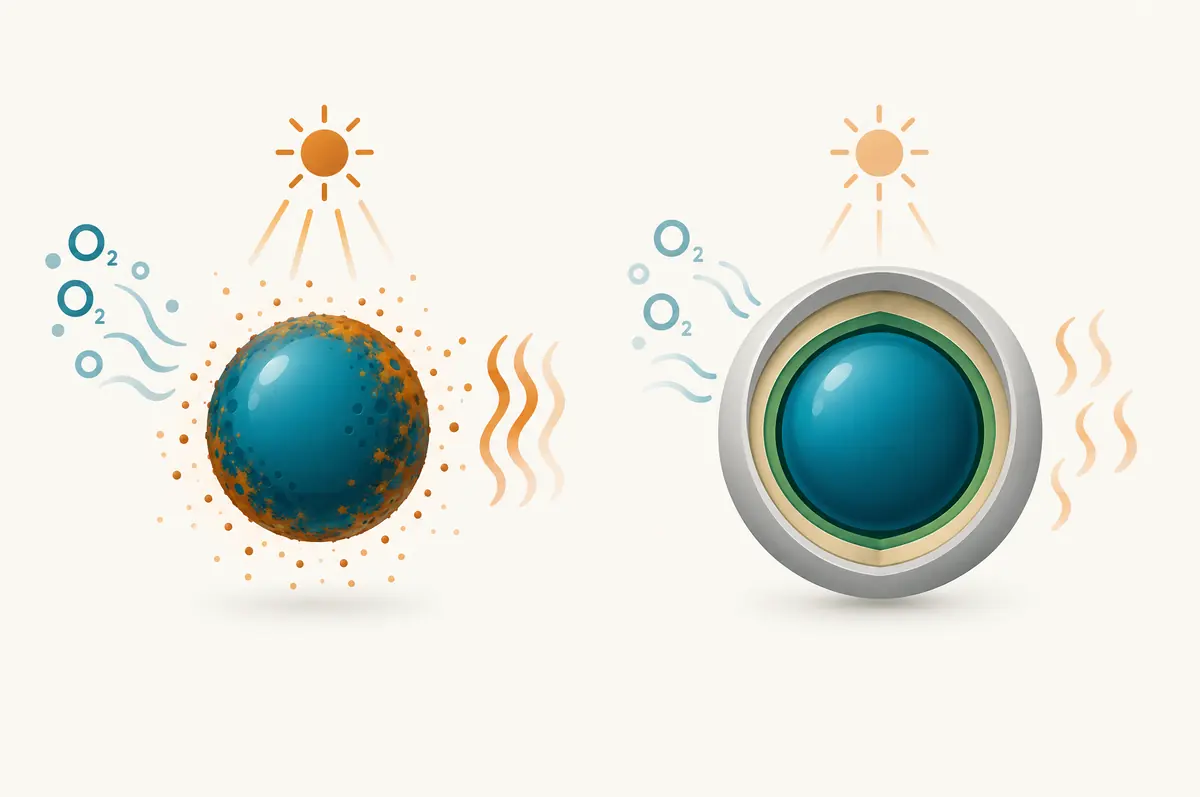 Diagram of an exposed active fading under oxygen, light and heat versus a shelled active that keeps its color