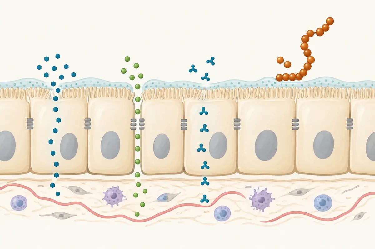 Intestinal lining diagram with small molecules crossing through and between cells and a large chain blocked