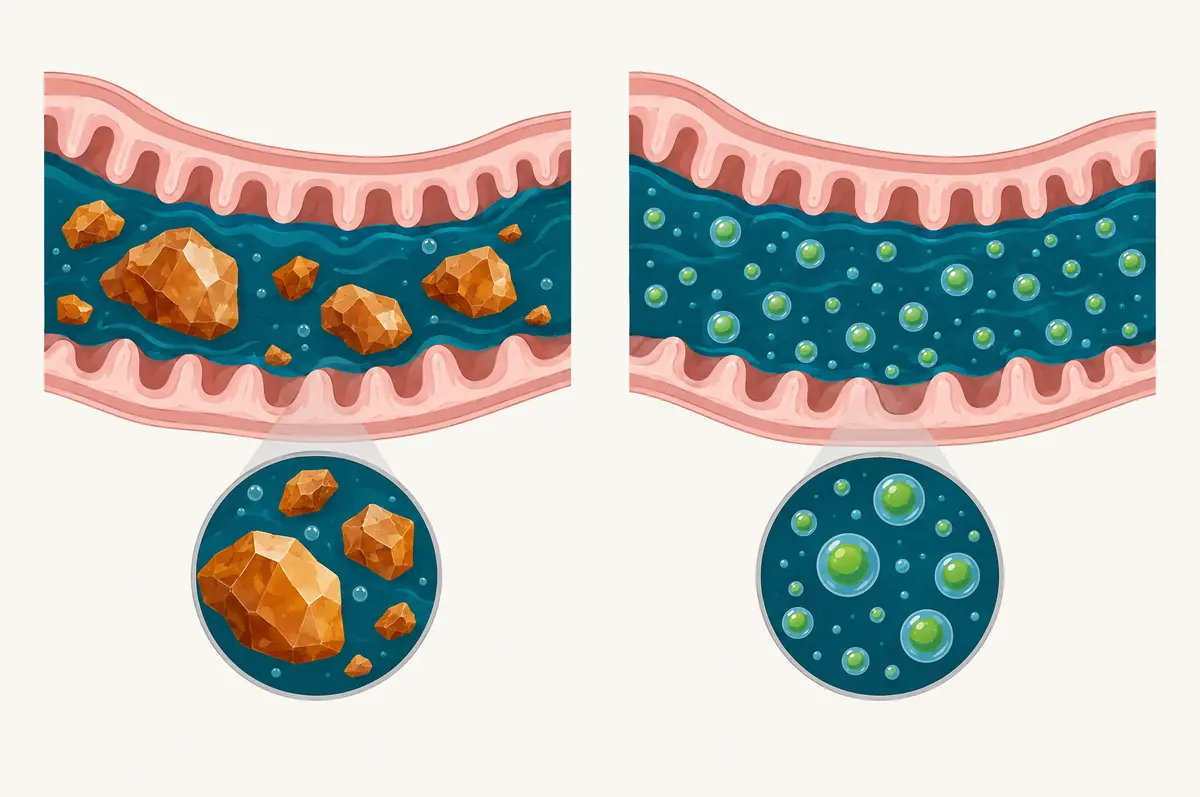 Diagram of undissolved crystals in fluid versus fine encapsulated particles evenly suspended