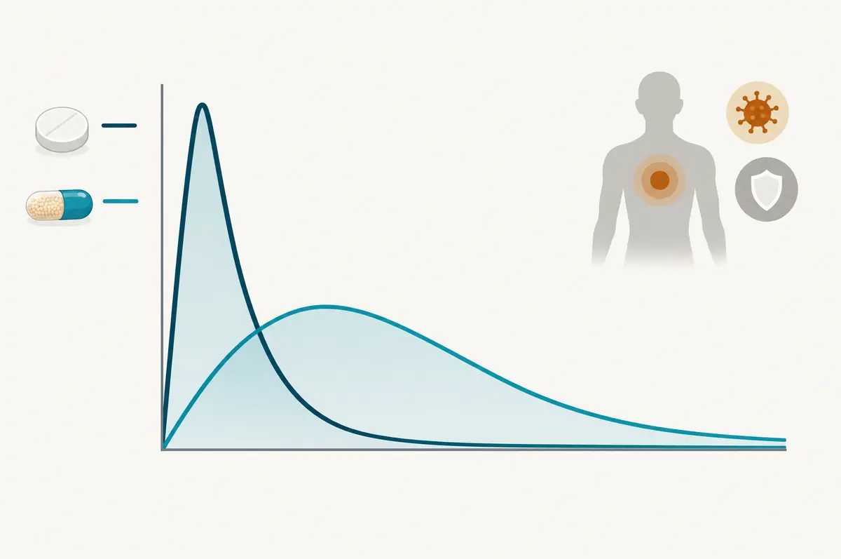 Two unlabeled curves: a sharp short spike and a lower broad sustained curve