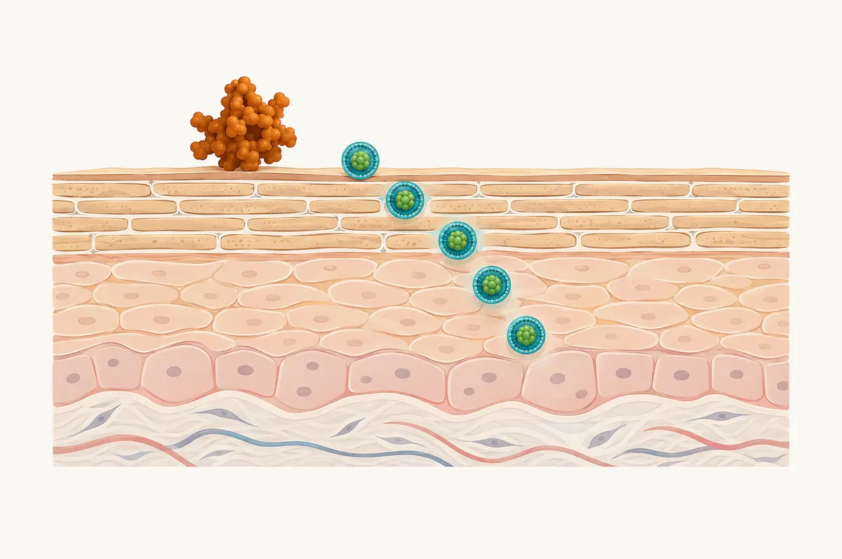 Skin cross-section with bricks and mortar top layer, a large molecule stopped and small spheres entering upper layers