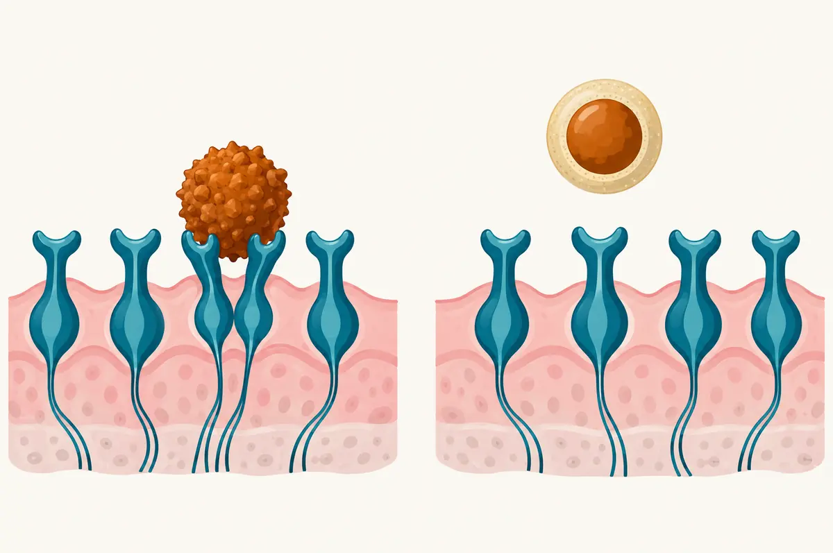 Tongue surface diagram with a bare particle touching taste receptors and a coated particle passing without contact