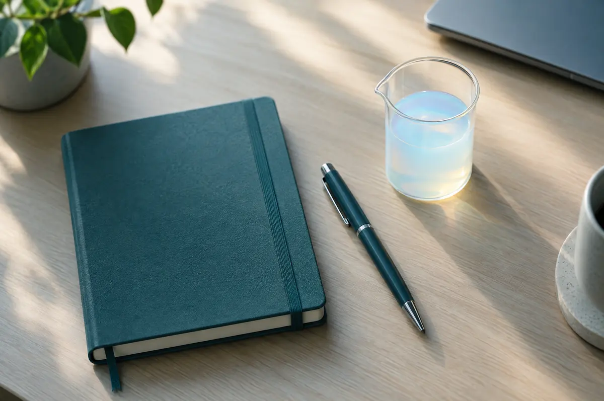 Top-down desk with a closed notebook, pen and a small beaker of opalescent dispersion