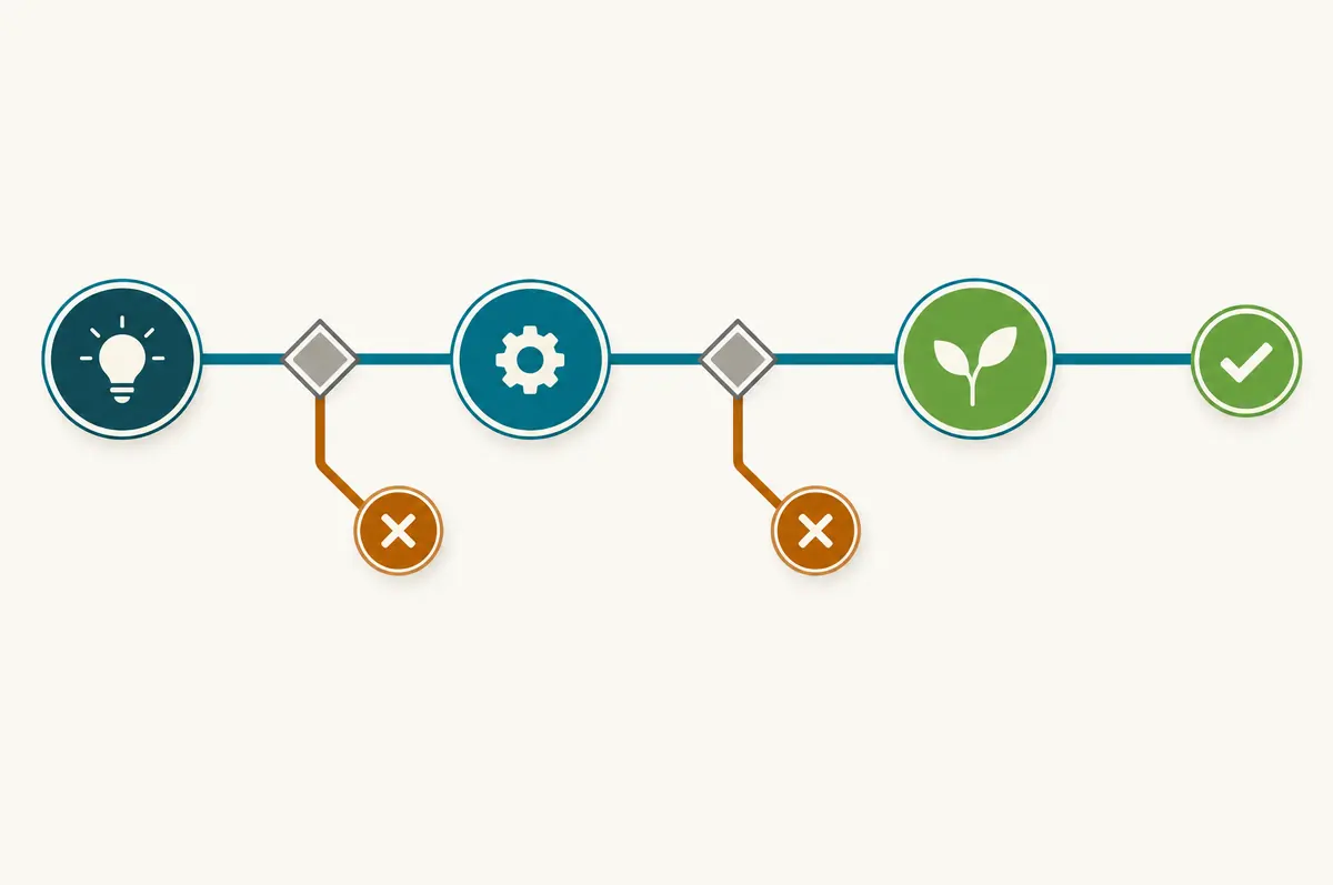 Three-stage diagram with a decision gate after each stage and some programs exiting early