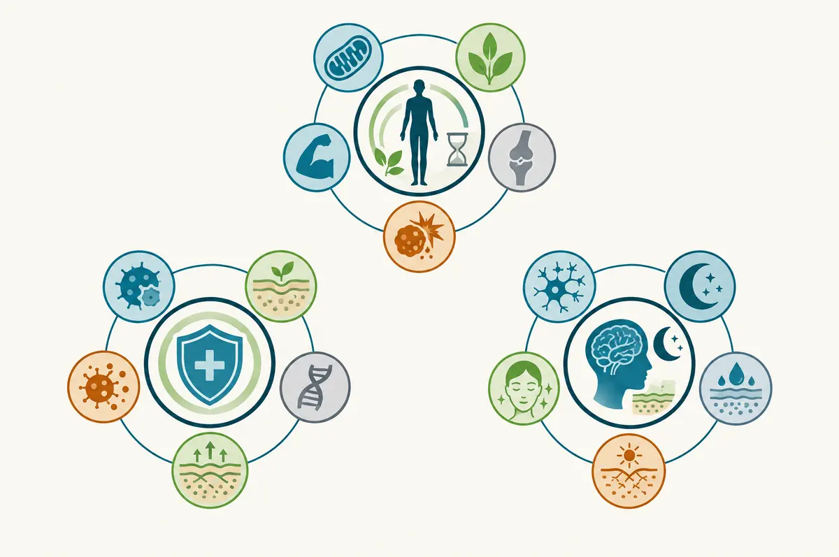Three clusters of rings linked to compound circles grouping health research areas