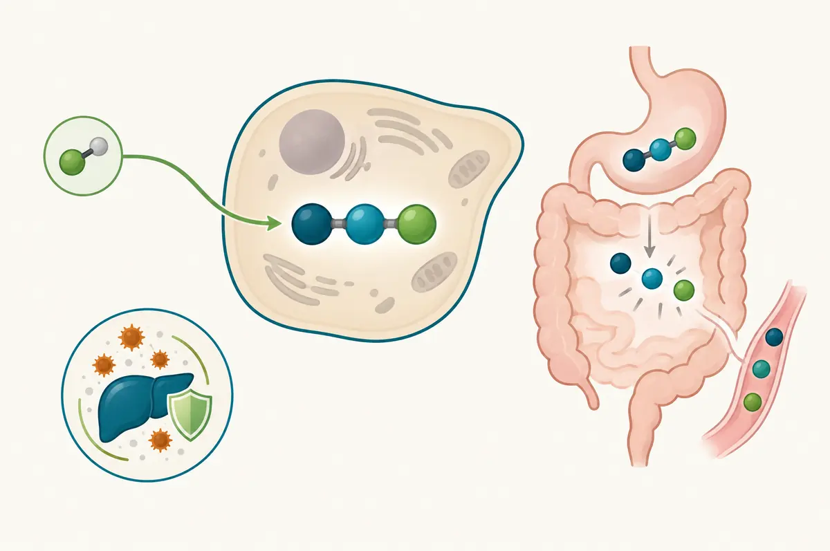 Linked circles showing a cysteine donor building a tripeptide in a liver cell while oral tripeptide breaks apart in gut