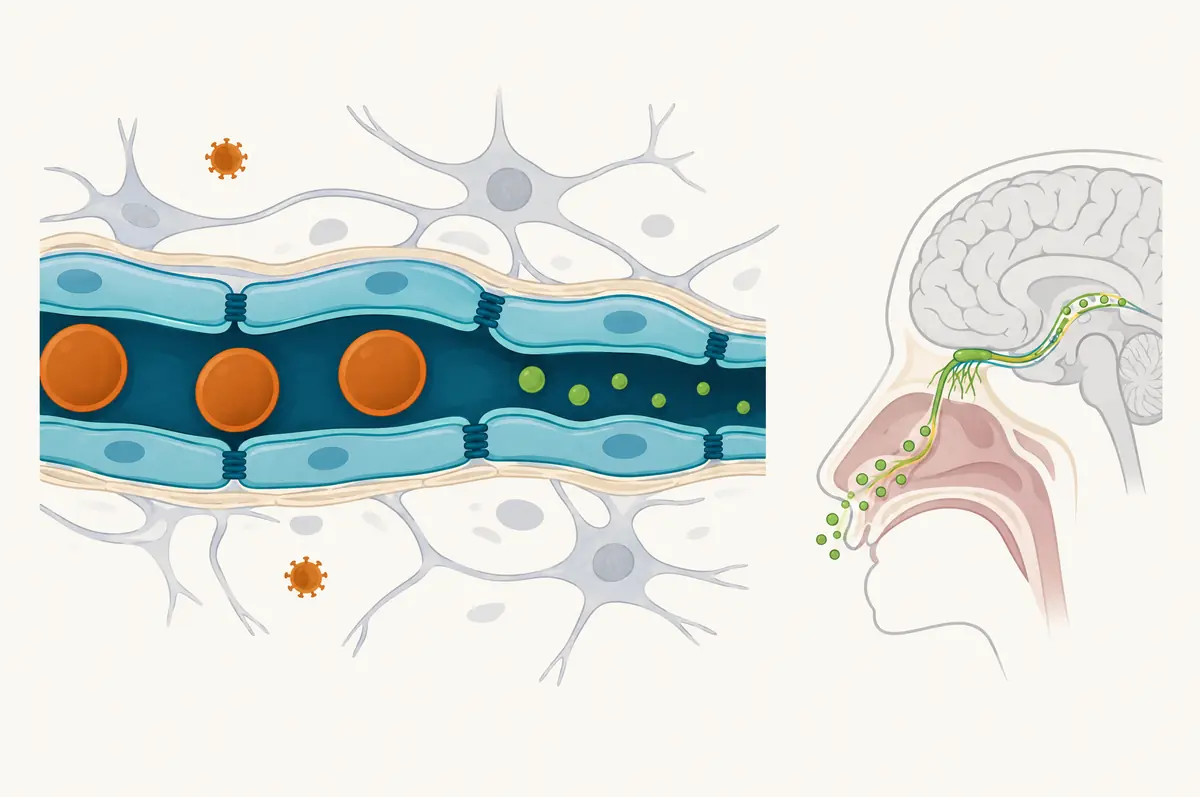 Brain capillary diagram blocking large circles, passing small ones, plus a separate path from the nasal cavity