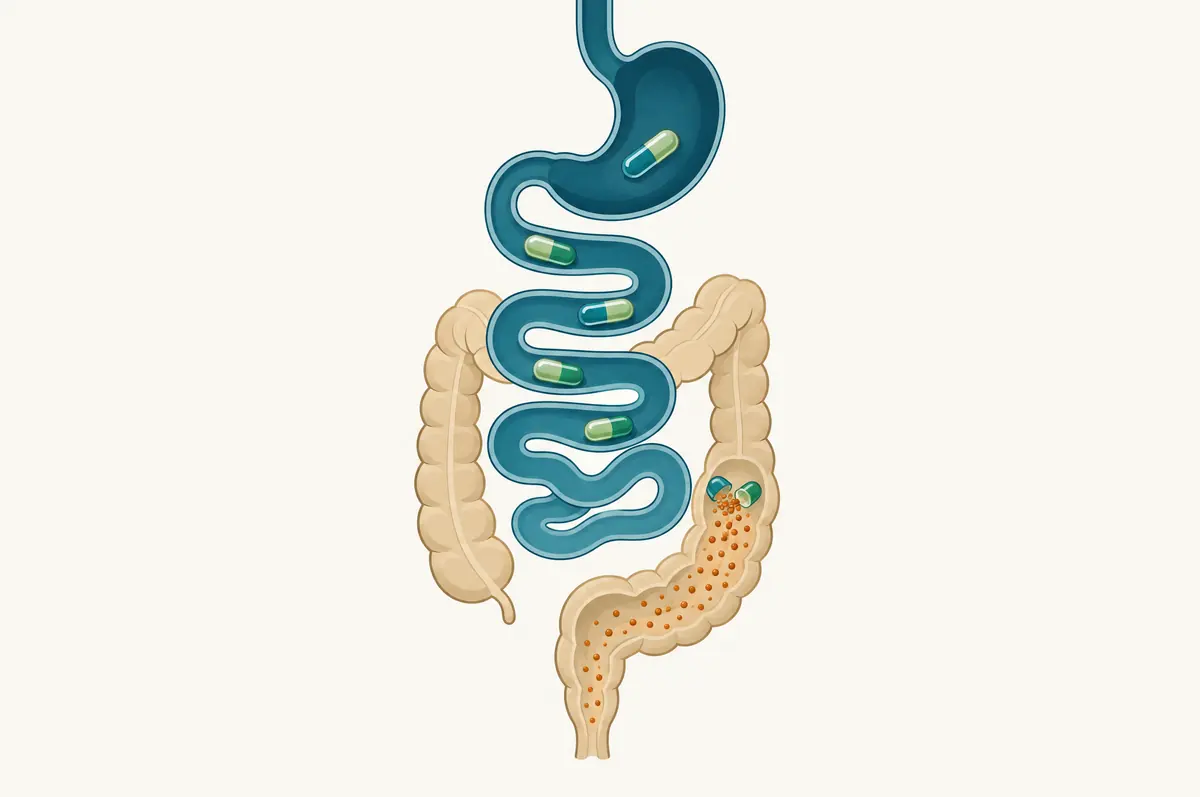Gut tube diagram with coated capsules staying intact upstream and opening in the lower segment