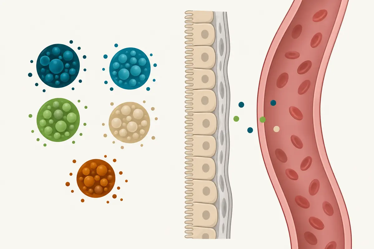 Diagram of four compound circles at a gut wall with only a few dots passing into circulation